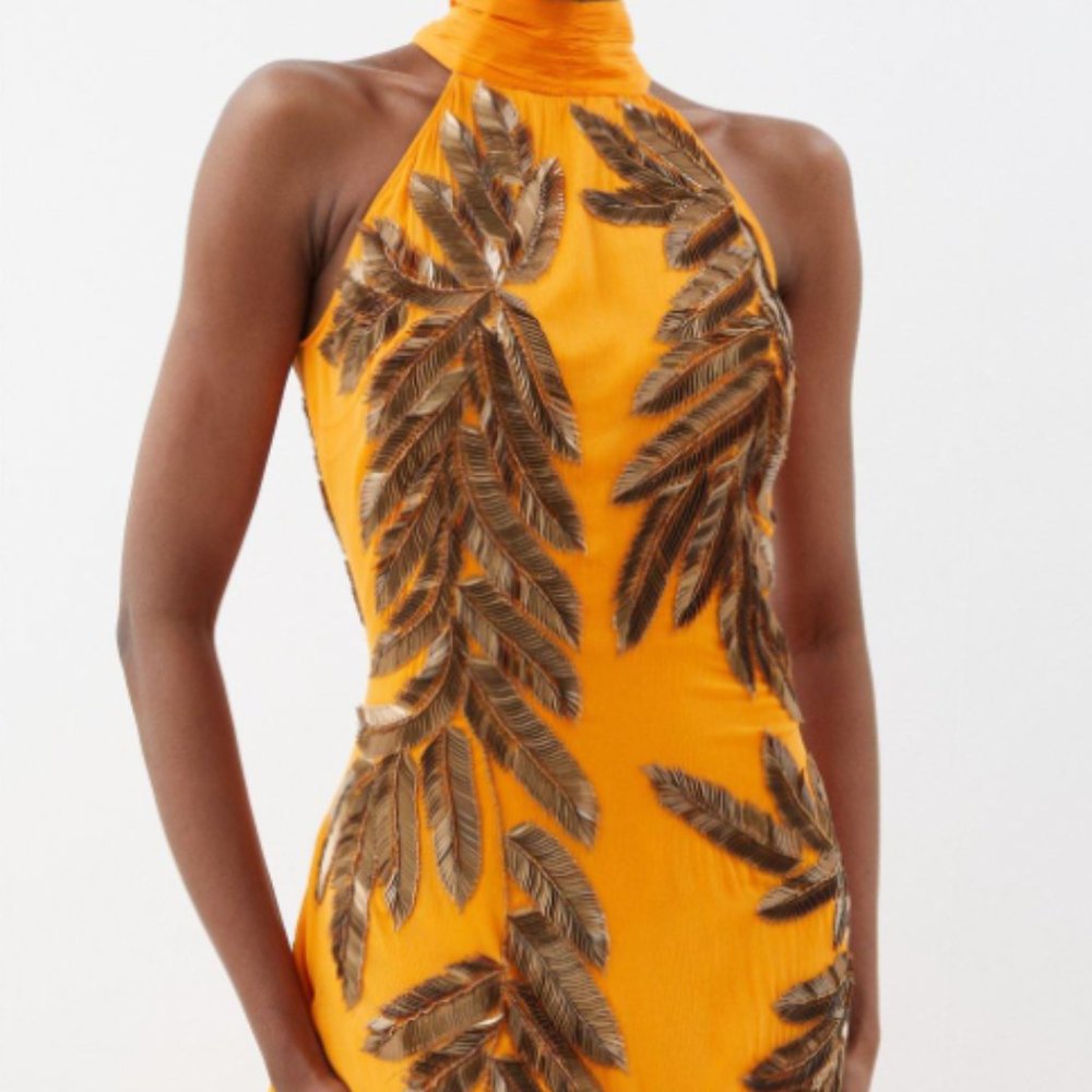 Karen Millen Orange Maxi Dress with Black Leaf Appliqué - Picture 3 of 4